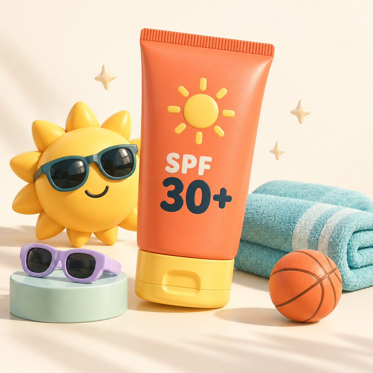 A playful 3D summer scene with coral sunscreen, a smiling sun wearing sunglasses, an aqua towel and a sports ball